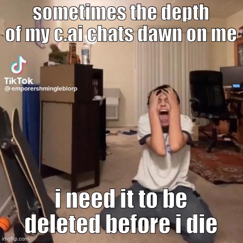 THE SAME WITH CRUSHONAI :( | sometimes the depth of my c.ai chats dawn on me; i need it to be deleted before i die | image tagged in me rn | made w/ Imgflip meme maker