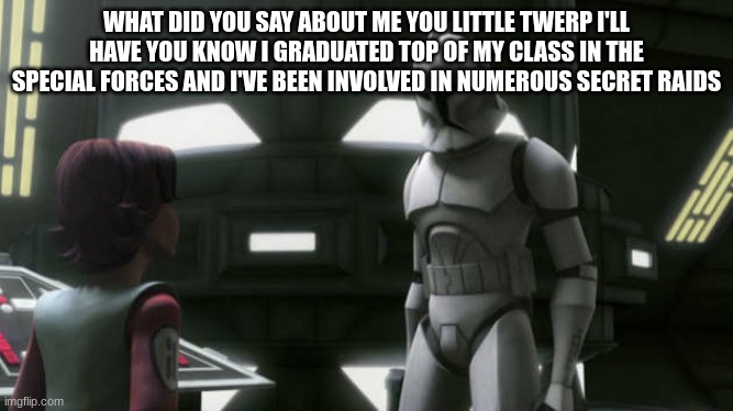 clone trooper | WHAT DID YOU SAY ABOUT ME YOU LITTLE TWERP I'LL HAVE YOU KNOW I GRADUATED TOP OF MY CLASS IN THE SPECIAL FORCES AND I'VE BEEN INVOLVED IN NUMEROUS SECRET RAIDS | image tagged in clone trooper | made w/ Imgflip meme maker