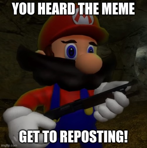 Mario with Shotgun | YOU HEARD THE MEME GET TO REPOSTING! | image tagged in mario with shotgun | made w/ Imgflip meme maker