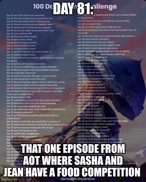day 81 its was great | DAY 81:; THAT ONE EPISODE FROM AOT WHERE SASHA AND JEAN HAVE A FOOD COMPETITION | image tagged in 100 day anime challenge | made w/ Imgflip meme maker