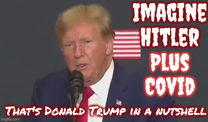 I Doubt Trump's IQ Has Double Digits | Imagine Hitler; Plus Covid; That's Donald Trump in a nutshell | image tagged in scumbag trump,scumbag maga,scumbag republicans,lock him up,trump is a moron,memes | made w/ Imgflip meme maker