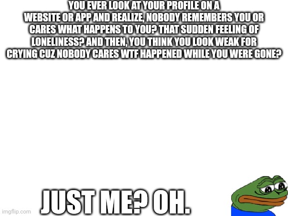 I guess I'm a nobody? (Mod note: allow me to introduce myself) | YOU EVER LOOK AT YOUR PROFILE ON A WEBSITE OR APP AND REALIZE, NOBODY REMEMBERS YOU OR CARES WHAT HAPPENS TO YOU? THAT SUDDEN FEELING OF LONELINESS? AND THEN, YOU THINK YOU LOOK WEAK FOR CRYING CUZ NOBODY CARES WTF HAPPENED WHILE YOU WERE GONE? JUST ME? OH. | image tagged in blank white template | made w/ Imgflip meme maker