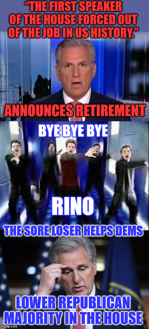 In the end... the Rino showed their true colors... | “THE FIRST SPEAKER OF THE HOUSE FORCED OUT OF THE JOB IN US HISTORY.”; ANNOUNCES RETIREMENT; BYE BYE BYE; RINO; THE SORE LOSER HELPS DEMS; LOWER REPUBLICAN MAJORITY IN THE HOUSE | image tagged in bye bye bye,kevin mccarthy jellyfish thinking up a lie,rino,gone | made w/ Imgflip meme maker