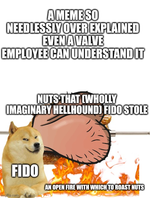 A MEME SO NEEDLESSLY OVER EXPLAINED EVEN A VALVE EMPLOYEE CAN UNDERSTAND IT; NUTS THAT (WHOLLY IMAGINARY HELLHOUND) FIDO STOLE; FIDO; AN OPEN FIRE WITH WHICH TO ROAST NUTS | image tagged in blank white template,rotisserie chicken | made w/ Imgflip meme maker