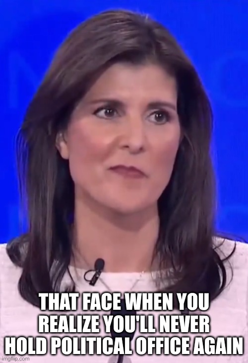 Destroyed Nikki | THAT FACE WHEN YOU REALIZE YOU'LL NEVER HOLD POLITICAL OFFICE AGAIN | image tagged in destroyed nikki | made w/ Imgflip meme maker