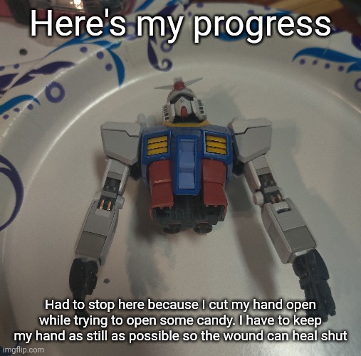 Perfect. Just perfect. Not only on my birthday, but also while I was building a model | Here's my progress; Had to stop here because I cut my hand open while trying to open some candy. I have to keep my hand as still as possible so the wound can heal shut | made w/ Imgflip meme maker