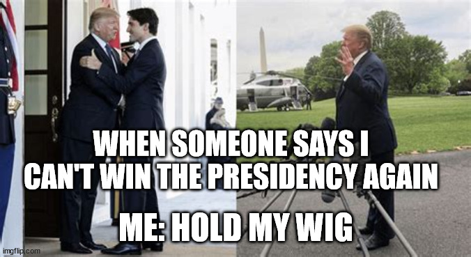 Hold my wig (AI Generated words) | WHEN SOMEONE SAYS I CAN'T WIN THE PRESIDENCY AGAIN; ME: HOLD MY WIG | image tagged in donald trump | made w/ Imgflip meme maker