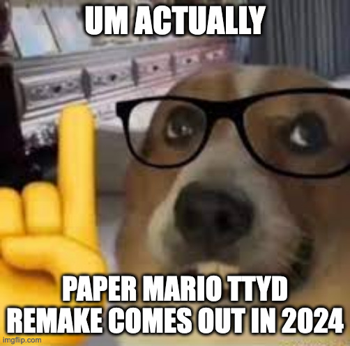 nerd dog | UM ACTUALLY PAPER MARIO TTYD REMAKE COMES OUT IN 2024 | image tagged in nerd dog | made w/ Imgflip meme maker