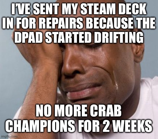 black man crying | I’VE SENT MY STEAM DECK
IN FOR REPAIRS BECAUSE THE
DPAD STARTED DRIFTING; NO MORE CRAB CHAMPIONS FOR 2 WEEKS | image tagged in black man crying | made w/ Imgflip meme maker