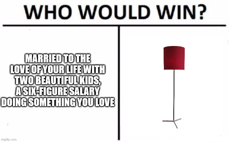 if you know, you know | MARRIED TO THE LOVE OF YOUR LIFE WITH TWO BEAUTIFUL KIDS, A SIX-FIGURE SALARY DOING SOMETHING YOU LOVE | image tagged in memes,who would win | made w/ Imgflip meme maker