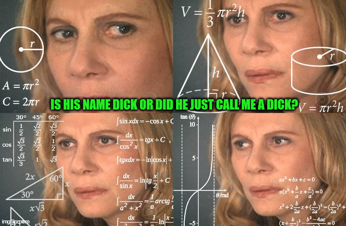 Calculating meme | IS HIS NAME DICK OR DID HE JUST CALL ME A DICK? | image tagged in calculating meme | made w/ Imgflip meme maker