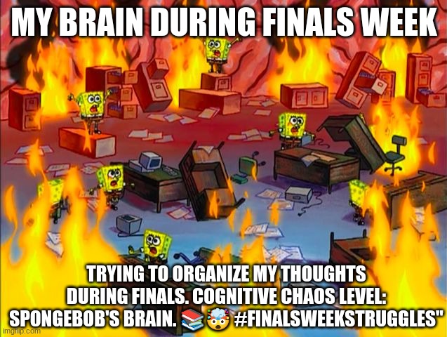 Spongebob Brain Chaos | MY BRAIN DURING FINALS WEEK; TRYING TO ORGANIZE MY THOUGHTS DURING FINALS. COGNITIVE CHAOS LEVEL: SPONGEBOB'S BRAIN. 📚🤯 #FINALSWEEKSTRUGGLES" | image tagged in spongebob brain chaos | made w/ Imgflip meme maker