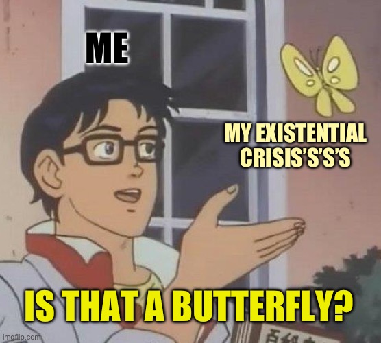It’s a pigeon! It’s a butterfly! It’s an existential crisis! | ME; MY EXISTENTIAL CRISIS’S’S’S; IS THAT A BUTTERFLY? | image tagged in memes,is this a pigeon | made w/ Imgflip meme maker