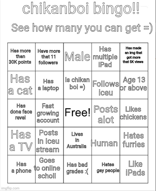 chikan boi bingo | chikanboi bingo!! See how many you can get =); Male; Has multiple iPad; Have more that 11 followers; Has made an img that got more that 5K views; Has more than 30K points; Is chikan boi =); Has a cat; Has a laptop; Age 13 or above; Follows iceu; Has done face revel; Likes chickens; Fast growing account; Posts alot; Human; Has a TV; Posts in Iceu stream; Hates furries; Lives in Australia; Goes to online scholl; Hates gay people; Like iPads; Has a phone; Has bad grades :( | image tagged in blank bingo | made w/ Imgflip meme maker