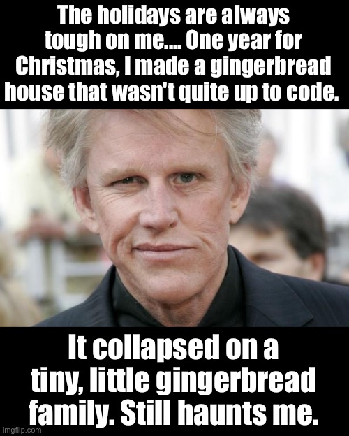 Christmas | The holidays are always tough on me.... One year for Christmas, I made a gingerbread house that wasn't quite up to code. It collapsed on a tiny, little gingerbread family. Still haunts me. | image tagged in gary busey unimpressed | made w/ Imgflip meme maker