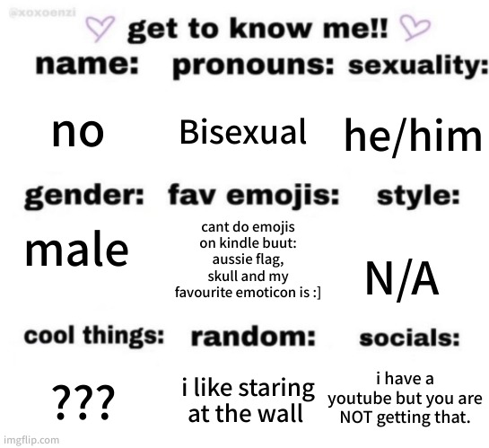 i taste blood | no; Bisexual; he/him; male; cant do emojis on kindle buut: aussie flag, skull and my favourite emoticon is :]; N/A; i have a youtube but you are NOT getting that. i like staring at the wall; ??? | image tagged in get to know me but better | made w/ Imgflip meme maker