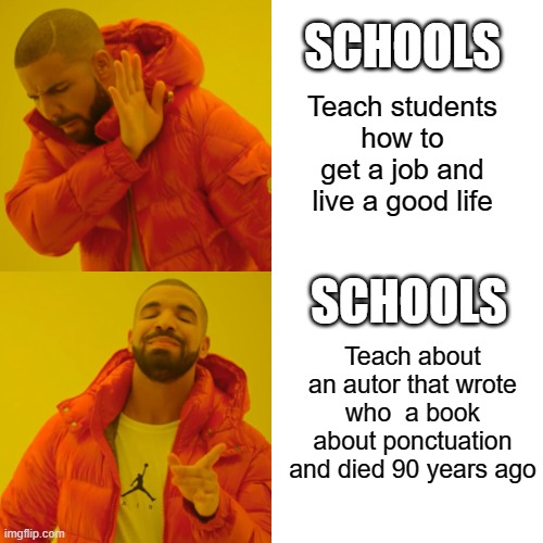 My first meme | SCHOOLS; Teach students how to get a job and live a good life; SCHOOLS; Teach about an autor that wrote who  a book about ponctuation and died 90 years ago | image tagged in memes,drake hotline bling | made w/ Imgflip meme maker