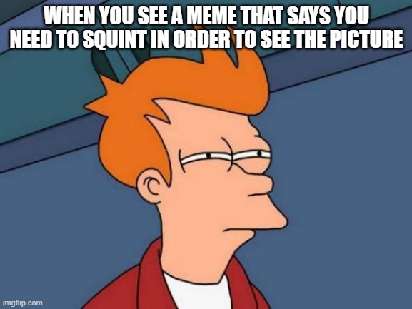 free epic Zopf | WHEN YOU SEE A MEME THAT SAYS YOU NEED TO SQUINT IN ORDER TO SEE THE PICTURE | image tagged in memes,futurama fry | made w/ Imgflip meme maker