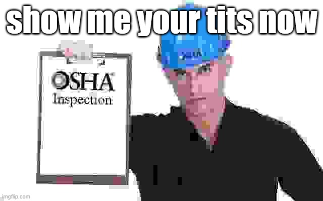 OSHA inspection | show me your tits now | image tagged in osha inspection | made w/ Imgflip meme maker
