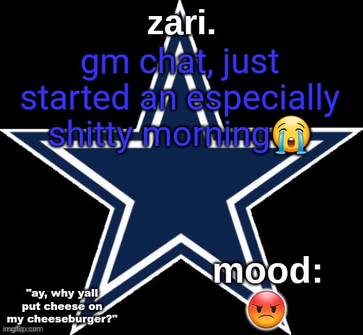 zari.'s Dallas Cowboys announcement temp | gm chat, just started an especially shitty morning😭; 😡 | image tagged in zari 's dallas cowboys announcement temp | made w/ Imgflip meme maker