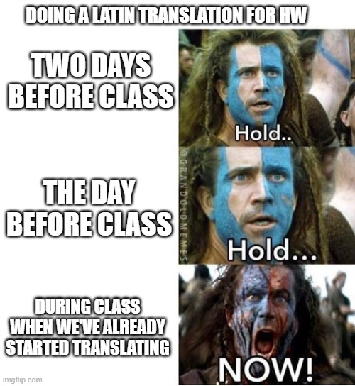 braveheart william wallace hold | DOING A LATIN TRANSLATION FOR HW; TWO DAYS BEFORE CLASS; THE DAY BEFORE CLASS; DURING CLASS WHEN WE'VE ALREADY STARTED TRANSLATING | image tagged in braveheart william wallace hold,latin,procrastination,procrastinate | made w/ Imgflip meme maker