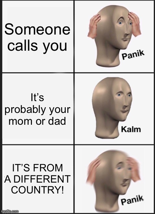 To whoever’s calling me endlessly (probably sammy), stop | Someone calls you; It’s probably your mom or dad; IT’S FROM A DIFFERENT COUNTRY! | image tagged in memes,panik kalm panik | made w/ Imgflip meme maker