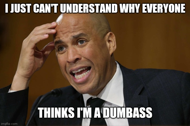 Booker Idiot | I JUST CAN'T UNDERSTAND WHY EVERYONE; THINKS I'M A DUMBASS | image tagged in crying-shithole-corey-booker,funny memes | made w/ Imgflip meme maker