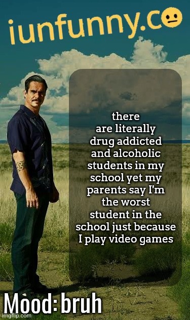 they should be thankful for having a child like me, Idk why they video games that way. not even mentioning everyone else plays t | there are literally drug addicted and alcoholic students in my school yet my parents say I'm the worst student in the school just because I play video games; bruh | image tagged in iunfunny's lalo salamanca template | made w/ Imgflip meme maker