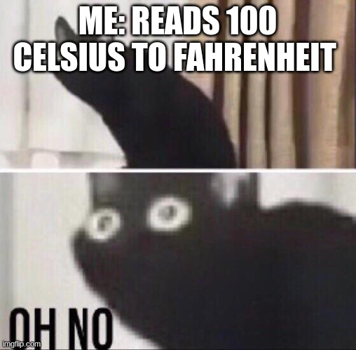 Oh no cat | ME: READS 100 CELSIUS TO FAHRENHEIT | image tagged in oh no cat | made w/ Imgflip meme maker