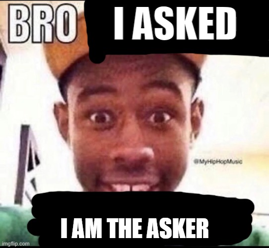 BRO WE GET IT YOU'RE GAY | I ASKED I AM THE ASKER | image tagged in bro we get it you're gay | made w/ Imgflip meme maker
