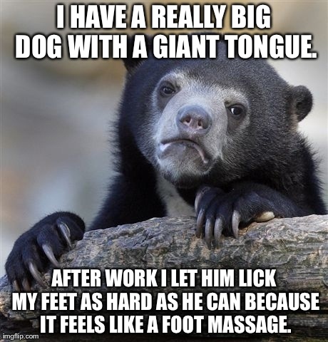 Confession Bear | I HAVE A REALLY BIG DOG WITH A GIANT TONGUE. AFTER WORK I LET HIM LICK MY FEET AS HARD AS HE CAN BECAUSE IT FEELS LIKE A FOOT MASSAGE. | image tagged in memes,confession bear,AdviceAnimals | made w/ Imgflip meme maker