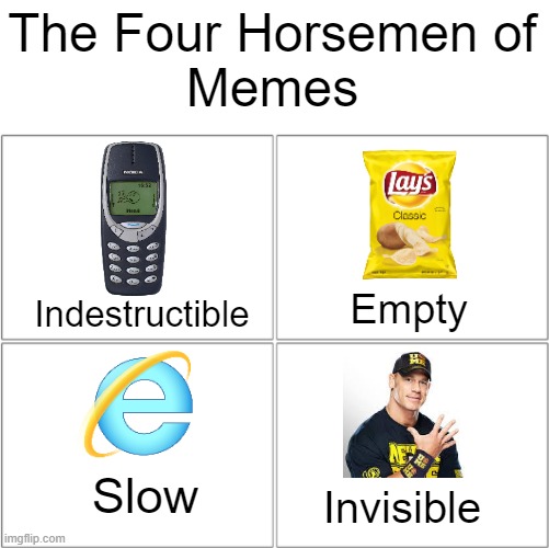 The gang's all here! | The Four Horsemen of
Memes; Indestructible; Empty; Slow; Invisible | image tagged in the 4 horsemen of | made w/ Imgflip meme maker