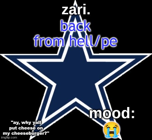 zari.'s Dallas Cowboys announcement temp | back from hell/pe; 😭 | image tagged in zari 's dallas cowboys announcement temp | made w/ Imgflip meme maker