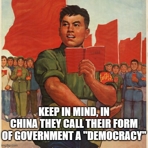 Maoist disclamer | KEEP IN MIND, IN CHINA THEY CALL THEIR FORM OF GOVERNMENT A "DEMOCRACY" | image tagged in maoist disclamer | made w/ Imgflip meme maker