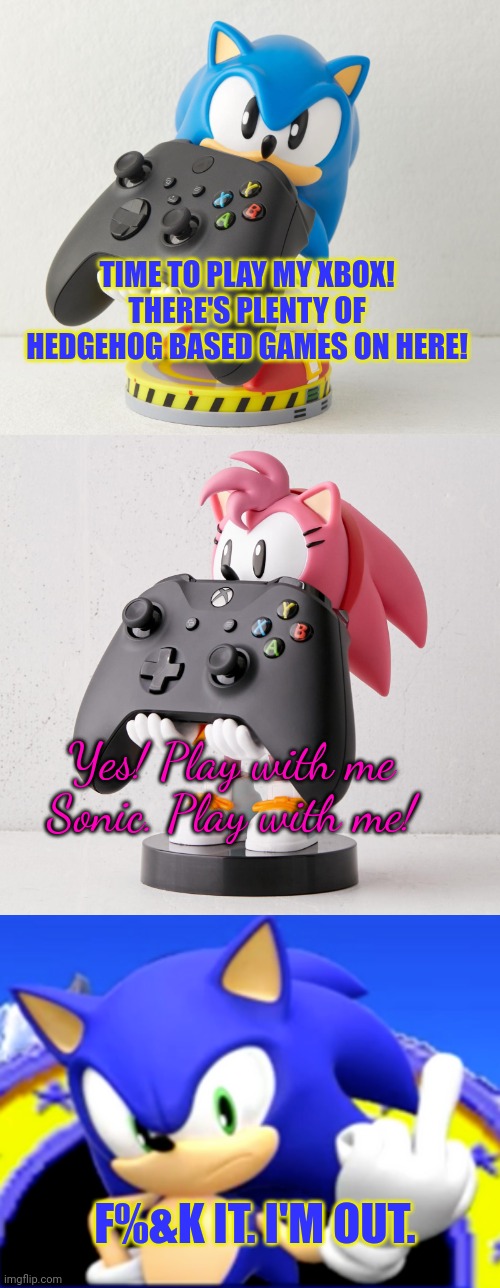 Play it loud | TIME TO PLAY MY XBOX! THERE'S PLENTY OF HEDGEHOG BASED GAMES ON HERE! Yes! Play with me Sonic. Play with me! F%&K IT. I'M OUT. | image tagged in sonic the hedgehog,amy rose,xbox one | made w/ Imgflip meme maker