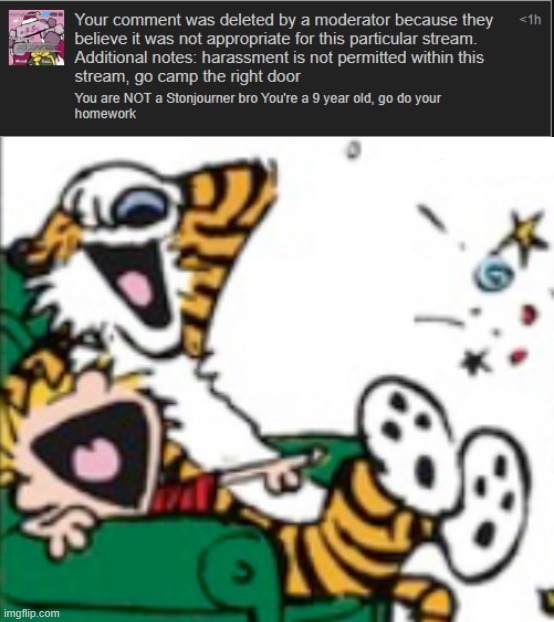 image tagged in calvin and hobbes laugh | made w/ Imgflip meme maker