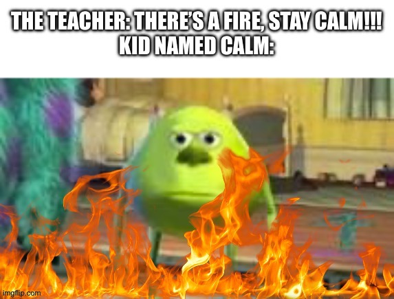 And he stayed, THE END. | image tagged in mike wasowski sully face swap,funny,fire,school | made w/ Imgflip meme maker