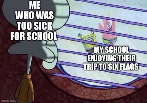 This happened to me once | ME WHO WAS TOO SICK FOR SCHOOL; MY SCHOOL ENJOYING THEIR TRIP TO SIX FLAGS | image tagged in squidward window,school,memes | made w/ Imgflip meme maker