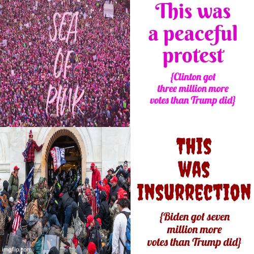 Trump's Has NEVER Won The People's Vote.  Clinton Beat Him By Three Million Votes And Biden Beat Him By Seven Million | This was a peaceful protest; {Clinton got three million more votes than Trump did}; This
was
insurrection; {Biden got seven million more votes than Trump did} | image tagged in memes,drake hotline bling,trump lies,scumbag trump,scumbag maga,scumbag republicans | made w/ Imgflip meme maker