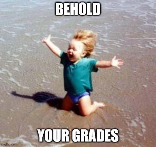 Behold Your Grades | BEHOLD; YOUR GRADES | image tagged in celebration | made w/ Imgflip meme maker