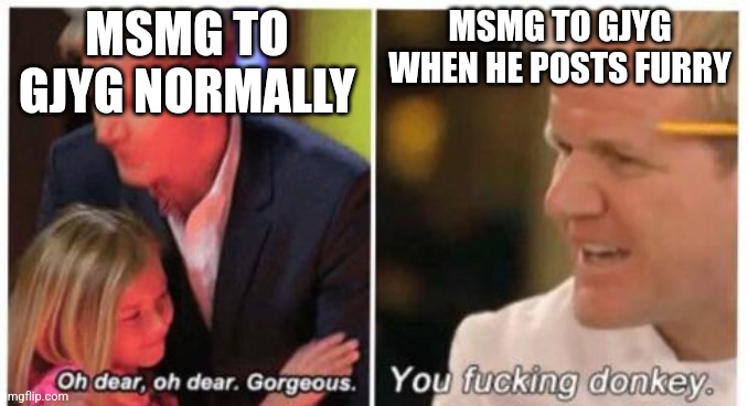 Oh dear, dear gorgeus | MSMG TO GJYG NORMALLY; MSMG TO GJYG WHEN HE POSTS FURRY | image tagged in oh dear dear gorgeus | made w/ Imgflip meme maker