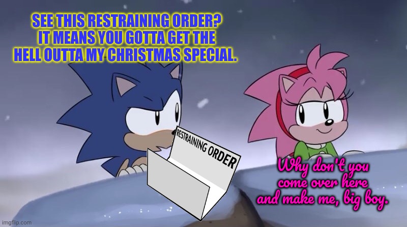 Sonic problems | SEE THIS RESTRAINING ORDER? IT MEANS YOU GOTTA GET THE HELL OUTTA MY CHRISTMAS SPECIAL. Why don't you come over here and make me, big boy. | image tagged in sonic and amy christmas special,sonic,problems | made w/ Imgflip meme maker