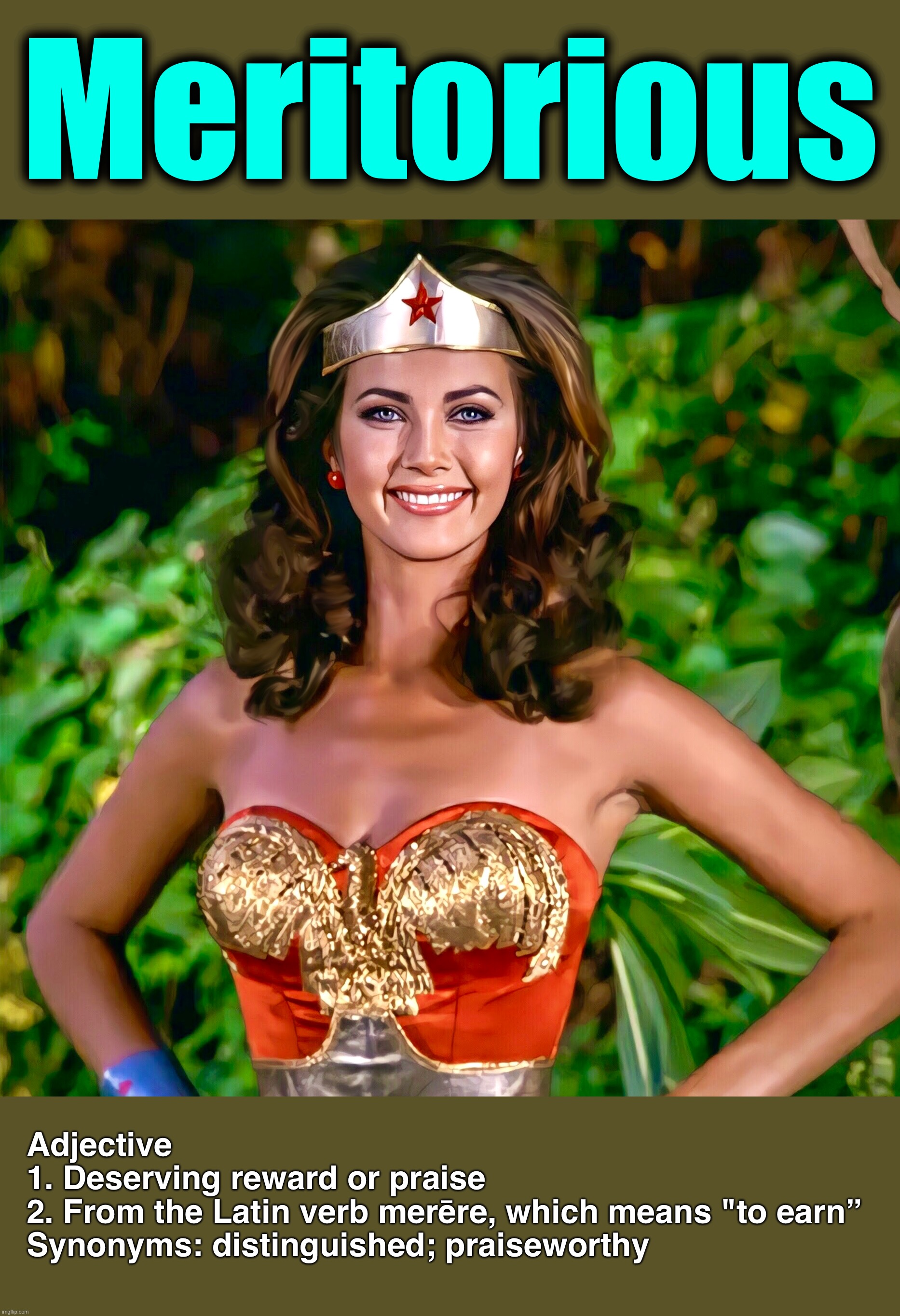 Word of the day “M” | Meritorious; Adjective
1. Deserving reward or praise
2. From the Latin verb merēre, which means "to earn”
Synonyms: distinguished; praiseworthy | image tagged in lynda carter,wonder woman,word of the day,memes,meaning | made w/ Imgflip meme maker
