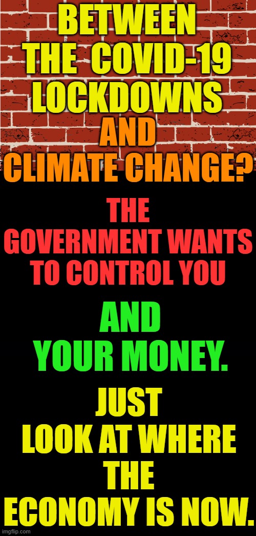 Does Anyone Else See The Similarities... | BETWEEN THE  COVID-19 LOCKDOWNS; AND CLIMATE CHANGE? JUST LOOK AT WHERE THE ECONOMY IS NOW. THE GOVERNMENT WANTS TO CONTROL YOU; AND YOUR MONEY. | image tagged in memes,covid-19,lockdown,climate change,they re the same thing,control | made w/ Imgflip meme maker