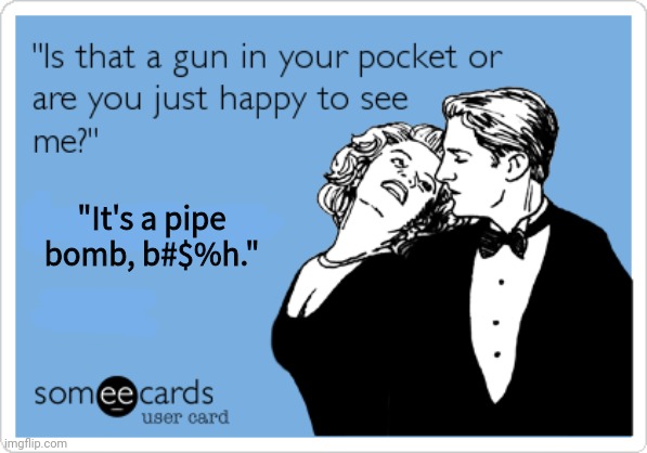 "It's a pipe
bomb, b#$%h." | image tagged in pipebomb,is that a gun in your pocket,demotivationals | made w/ Imgflip meme maker