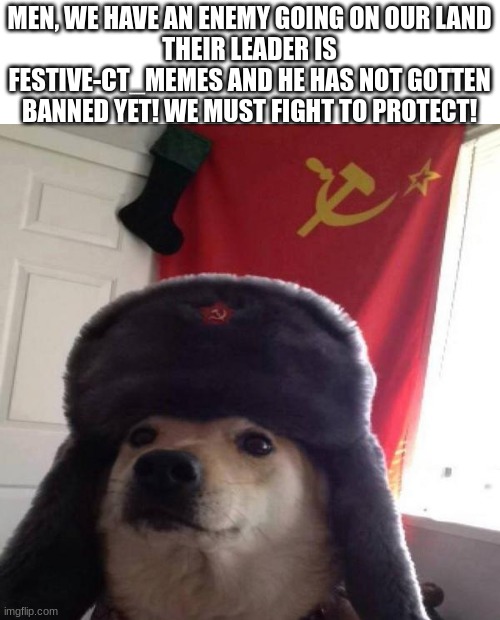 Get that disappointment to his father | MEN, WE HAVE AN ENEMY GOING ON OUR LAND
THEIR LEADER IS FESTIVE-CT_MEMES AND HE HAS NOT GOTTEN BANNED YET! WE MUST FIGHT TO PROTECT! | image tagged in russian doge | made w/ Imgflip meme maker