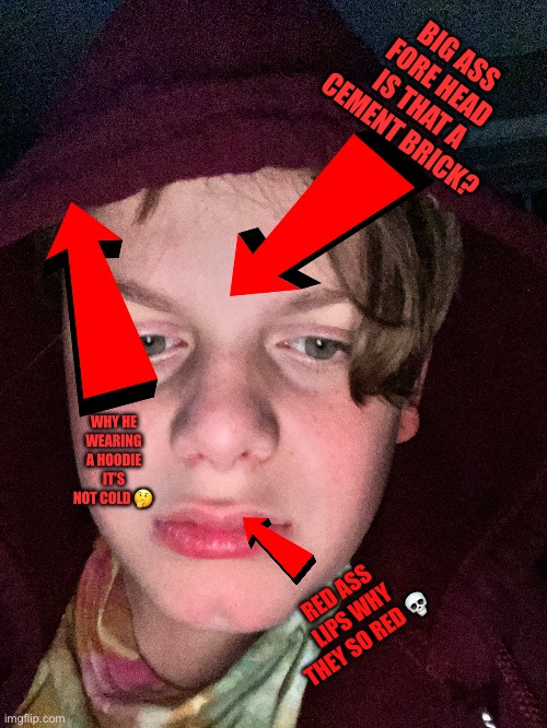 Mod Note: (you should love yourself NOW!) | BIG ASS FORE HEAD IS THAT A CEMENT BRICK? WHY HE WEARING A HOODIE IT’S NOT COLD 🤔; RED ASS LIPS WHY THEY SO RED 💀 | made w/ Imgflip meme maker