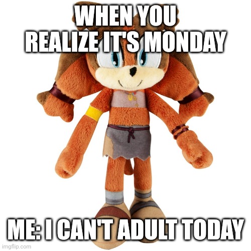 Sticks plush | WHEN YOU REALIZE IT'S MONDAY; ME: I CAN'T ADULT TODAY | image tagged in sticks plush | made w/ Imgflip meme maker