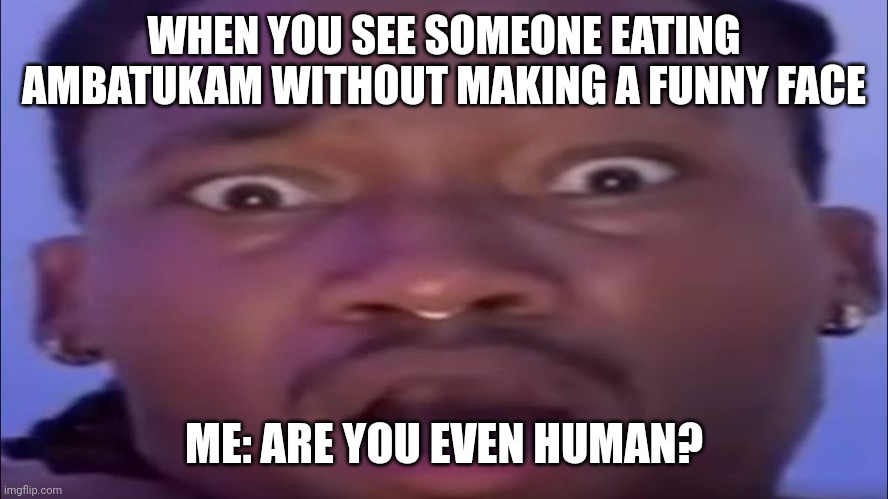 Ai meme :skull: | WHEN YOU SEE SOMEONE EATING AMBATUKAM WITHOUT MAKING A FUNNY FACE ME: ARE YOU EVEN HUMAN? | image tagged in ambasing,ai meme | made w/ Imgflip meme maker