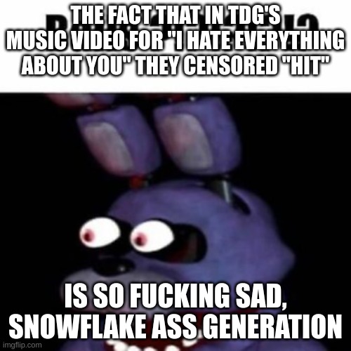 zad | THE FACT THAT IN TDG'S MUSIC VIDEO FOR "I HATE EVERYTHING ABOUT YOU" THEY CENSORED "HIT"; IS SO FUCKING SAD, SNOWFLAKE ASS GENERATION | image tagged in fnaf bonnie balls | made w/ Imgflip meme maker